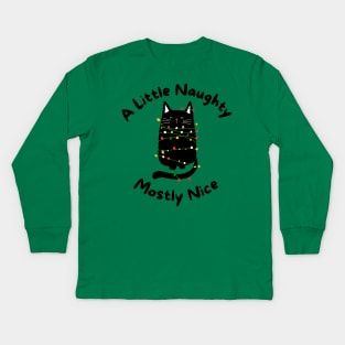 A little naughty mostly nice black cat tangled in Christmas lights Kids Long Sleeve T-Shirt